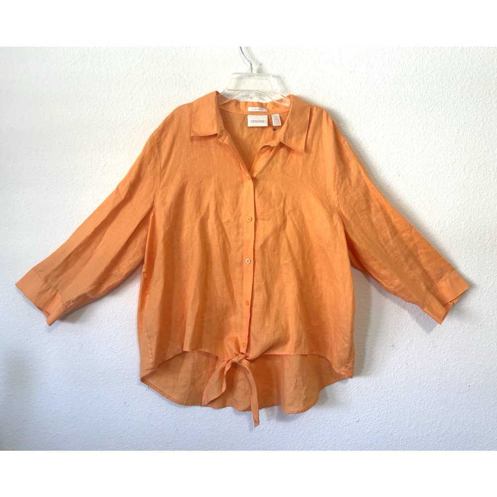Chico's Effortless Linen Lydia Button Front Tie Hem Shirt 3/4 Sleeve Orange‎ XL